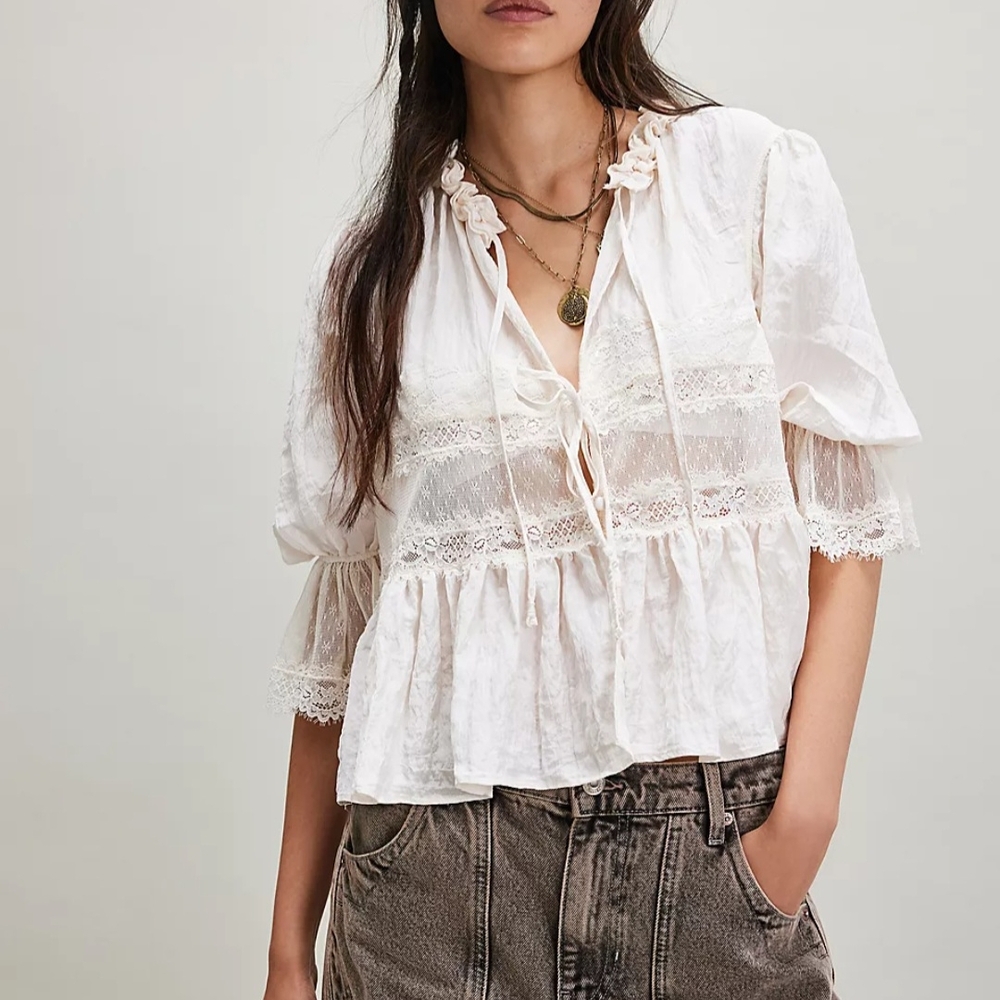 Free People Forever Young Elegant White Lace Blouse - Picture 2 of 14